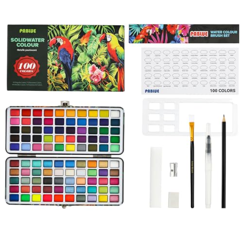 PABLUE Watercolor Paint Set 100 Colors, Art and Travel Drawing Supplies | Drawing Kit, Detail Paint Brush Included, Portable Carrying Case, Palette and Accessories, For Beginners and Professionals - color: 100 Colors