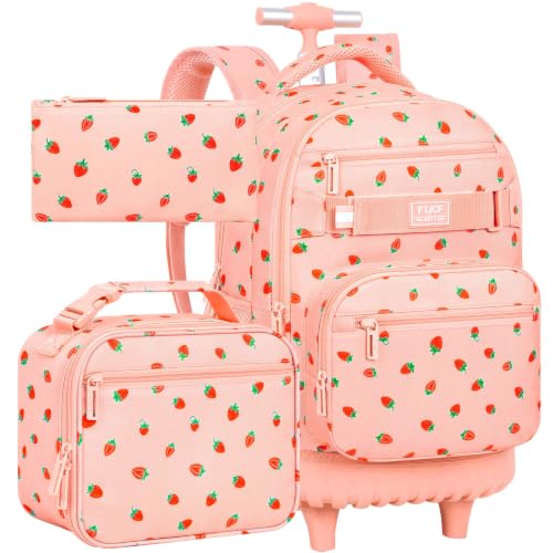 3Pcs Rolling Backpack for Women Girls with Large Wheels, 20 Inches Detachable Wheeled Backpack Set, Adults Water Resistant Roller Backpack for Travel, Work, College School (Pink) - color: Pink Strawberry
