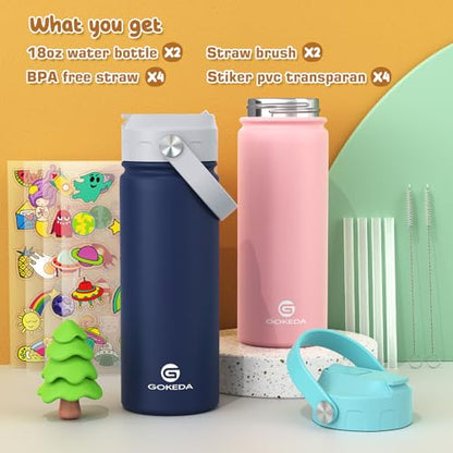 GoKEDA 18oz Kids Water Bottle, 2 Pack Stainless Steel Straw Cup - color: Sapphire Blue+Pink