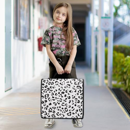 White Leopard Print Zippered Binder Bag with Handle and Shoulder Strap, 1.5 inch 3 Ring D Ring Expanding File Folder Waterproof Multiple Pockets Organizer Binder
