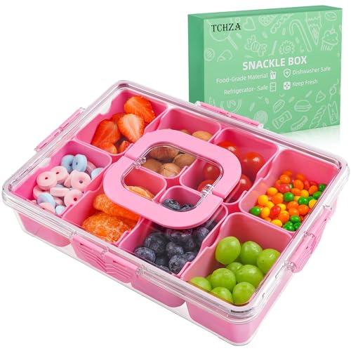 Snackle Box Container, Dishwasher Safety - Divided Serving Tray with Lid and Handle, Charcuterie Board for Portable Snack Platters - Organizer for Fruits Snacks - Perfect for Road Travel Party - Pink