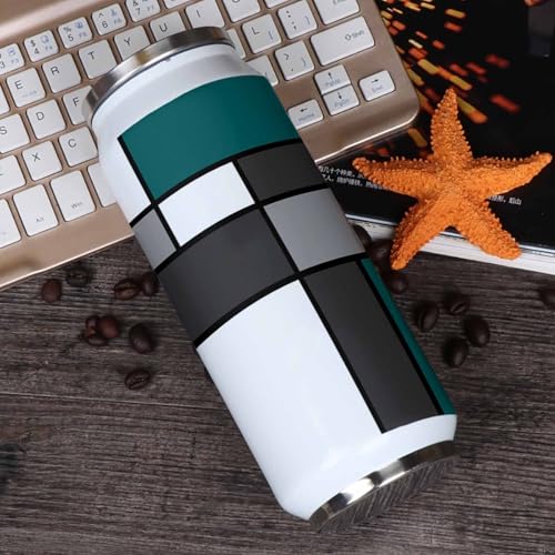 T&H XHome Geometric Art 14oz Stainless Steel Tumbler with Lid & Straw-Double Wall Vacuum Insulated Travel Mug Modern Abstract Turquoise White Grey Patchwork Water Bottle Coffee Beverage Drinks Cup - size: 14 Ounces