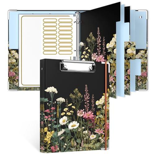 Rouidr Mini 3 Ring Binder with clipboard, 1 inch Round Binder Organizer, 8.5"x5.5" Cute Binder with 5 Dividers Tabs & Clear Sleeves, School Supplies, Office Supplies - color: Dark Flower, size: Mini 1in(8.5 x 5.5 in)