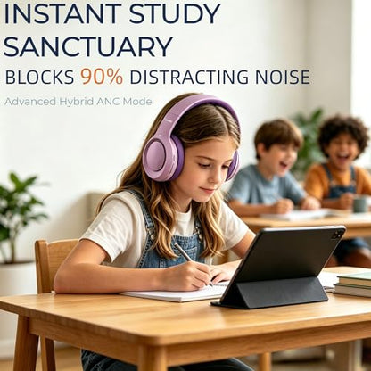 Active Noise Cancelling Headphones for Girls, 72H Play Time, Safe Volume 94dB, Bluetooth 6.0, Hybrid ANC Kids Headphones Wireless for School/Travel/Airplane (Purple) - color: Purple 03