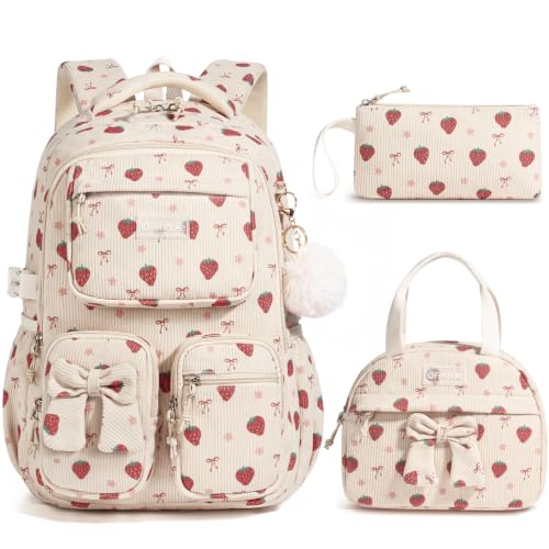 Fimibuke 3PCS Corduroy Backpack for School Girls with Lunch Box Pencil Case | Lightweight Teen Girls Bow backpack, Kids School Bag Bookbag for Elementary Middle High School Supplies Laptop Travel Daypack - color: Beige Bow Strawberry