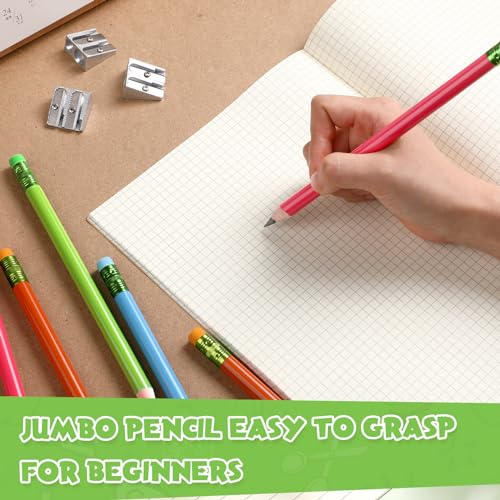 Fainne 48 Pcs Fat Pencils Jumbo Big Thick Large Pencils and 3 Pieces Sharpeners for Kids Beginners Preschoolers Kindergarten School Office Supplies(Multicolor,Round) - color: Multicolor, style: Round