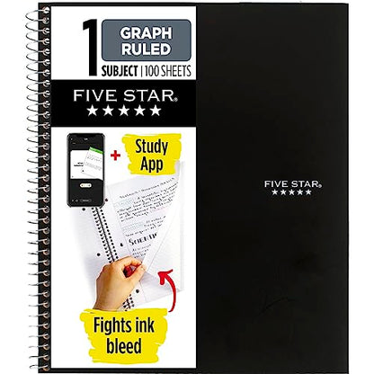 Five Star Spiral Notebook + Study App, 1 Subject, Graph Ruled Paper, Fights Ink Bleed, Water Resistant Cover, 8-1/2" x 11", 100 Sheets, Color Will Vary, 1 Count (06190)
