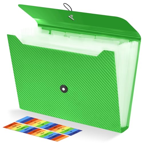 Expanding File Folder, 13 Pockets Accordian File Holder Organizer, A4 Letter Size Paper Document Receipt Organizer Accordion Filing Folder for Classroom, Home, Office and Travel, Green - color: Green