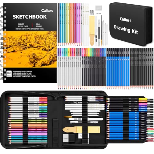 Caliart 176PCS Art Supplies Sketching Kit, 100 Sheets 3-Color Sketch Book | Graphite Colored Charcoal Watercolor & Metallic Pencils, Drawing Supplies Set Gifts for Adults Teens Girls Boys Kids - color: Black