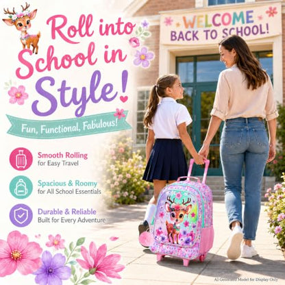 KLFVB Girls Rolling Bookbag, 3PCS Kids Roller Backpack with Lunch Bag, Wheeled School Bag for Children - Deer - color: Uv Printing Peach-blossom Deer Rolling Backpack