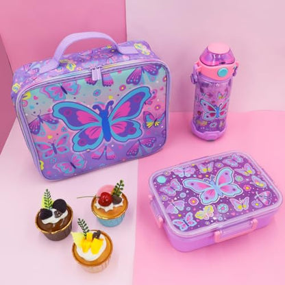 Kids Bento Lunch Box Set with 1200ml Leak-Proof Lunch Containers with 3 Compartments, 22oz BPA-Free Water Bottle, Insulated Lunch Bag for Back to School Kids Girls Boys - color: Butterfly