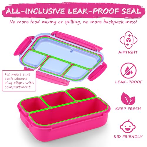 QQKO Bento Box for Kids Adults, School Toddler Lunch Box for Boys Girls, Lunch Box Containers with 4 Compartments, Sauce Container, Utensils, Food Picks and Muffin Cups for School, Pink Blue - color: Pink Blue