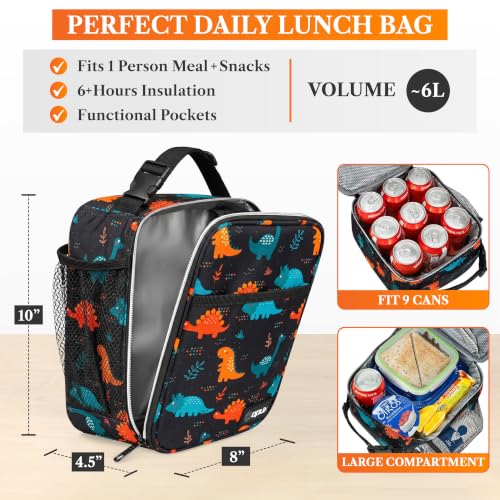 opux Insulated Lunch Bag for Kids Boys Girls, Small Compact Lunch Box with Wide Opening & Mesh Pockets, Reusable Lunch Pail for School, Work, Adults, Men, Women, Dinosaur - color: Dinosaur