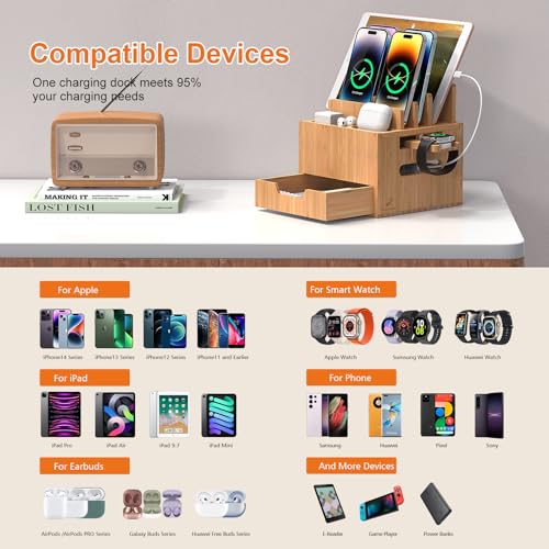 Pezin & Hulin Multi Device Charging Station, with Charger HUB Adapter, All in One Large Dock Organizer with Drawer Storage, Compatible with Phones, Tablets, Earbuds (5 Mixed Cables Included) - color: #2 (With Charger)