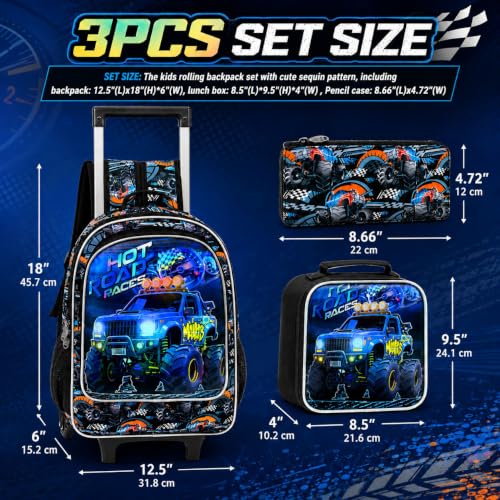 WZLVO 3PCS Boys Wheeled Backpack, 18" Truck Print Rolling Backpack for Kids, Includes Matching Lunch Bag & Pencil Bag - Blue Power Truck - color: 3PCS Boys Rolling Backpack - Blue Power Truck