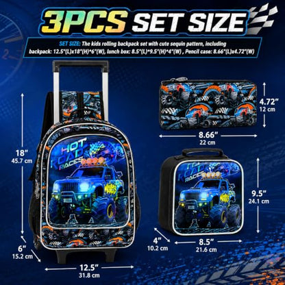 WZLVO 3PCS Boys Wheeled Backpack, 18" Truck Print Rolling Backpack for Kids, Includes Matching Lunch Bag & Pencil Bag - Blue Power Truck - color: 3PCS Boys Rolling Backpack - Blue Power Truck