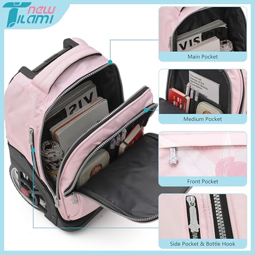 NEW TILAMI 19 Inch Rolling Backpack with Lunch Bag for Girls Boys Wheeled Laptop Backpack Durable Carry-on Bag School Travel, Flower Fairy - color: Pink Flower Fairy