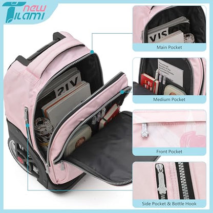 NEW TILAMI 19 inch Rolling Backpack Teens Rolling Backpack Cute Wheeled Laptop Backpack Bookbag Roller Travel Bag College, Flower Fairy (No USB interface) - color: Pink Flower Fairy