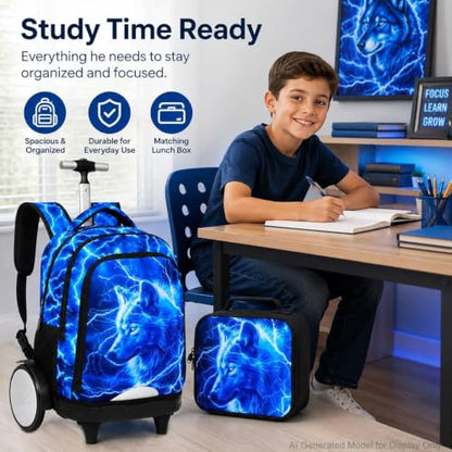 3Pcs Large Rolling Backpack for Boys, 20 Inch Detachable Wheeled Bookbag with Lunch Box, Durable Lightning Wolf Roller Backpack for Elementary Middle School (Blue) - color: Large Wheels Wolf Blue