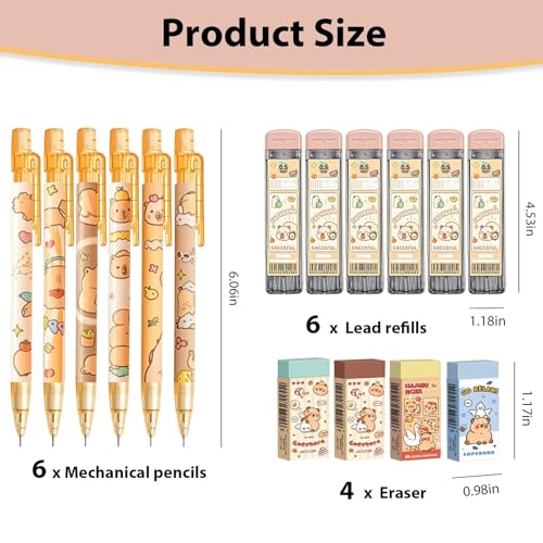 Cute Capybara Mechanical Pencil Set,6Pcs 0.5mm Capybara Mechanical Pencils with 600Pcs 0.5mm Pencil Leads,4Pcs Capybara Erasers,Kawaii Cartoon Pencils for Office School Supplies