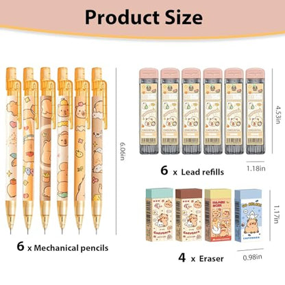 Cute Capybara Mechanical Pencil Set,6Pcs 0.5mm Capybara Mechanical Pencils with 600Pcs 0.5mm Pencil Leads,4Pcs Capybara Erasers,Kawaii Cartoon Pencils for Office School Supplies