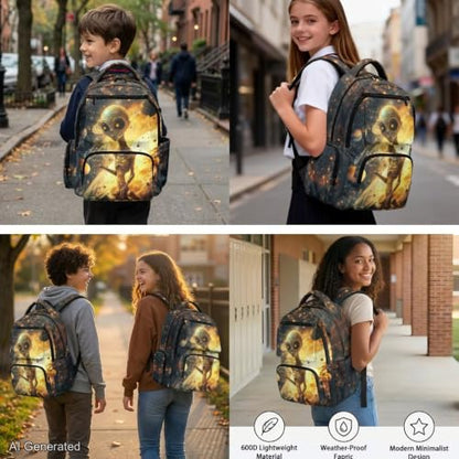 Cool Alien Backpack with Lunchbox for Boys Girls Kids Backpack with Lunch Box Water Bottle Carrier with Strap and Soft Pencil Case 4PCS Set Bookbag with Front Pocket for Teens Back to School - color: Cool Alien
