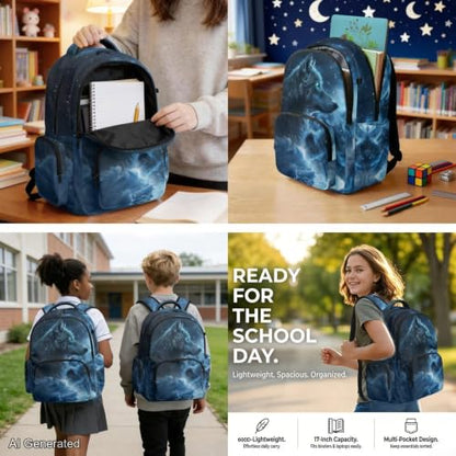 Blue Galaxy Wolf Backpack for Girls Boys Kids Backpack with Lunch Box and Water Bottle Holder Large Pencil Case 4PCS Set Bookbag with Front Pocket for School Teens 17 inch School Bag Gifts - color: Blue Galaxy Wolf