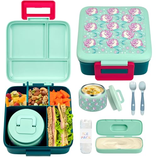 JXXM Bento Lunch Box for Kids with 8oz Soup Thermo,Leak-Proof Lunch Containers with 5 Compartment,Thermo Food Jar Food Containers for School (Blue-Unicorn) - color: Blue-Unicorn