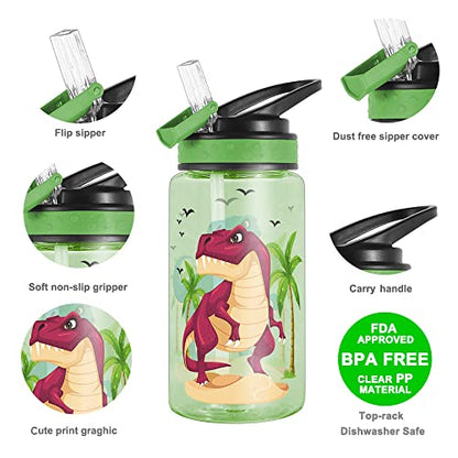 15oz Water Bottle for Kids Girls Boys School, BPA Free, Leak Proof Flip Straw, Carry Loop, Easy Clean - Dinosaur - color: Dinosaur