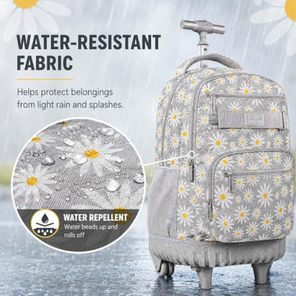 AGSDON Rolling Backpack for Girls, Women Roller Wheels Bookbag, Laptop Daisy Wheeled School Bag with Wheels for Teens - color: Daisy Grey