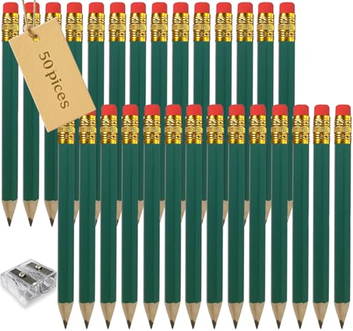 Adhere 50pcs Golf Pencils with Eraser Hexagon Wooden half Pencils Graphite 2B for Golf Event Scoring, Classroom, Wedding, Pew, Pocket | Free Pencil Sharpener (Green・Hexagon・50pcs) - color: z-Green・Hexagon・50pcs