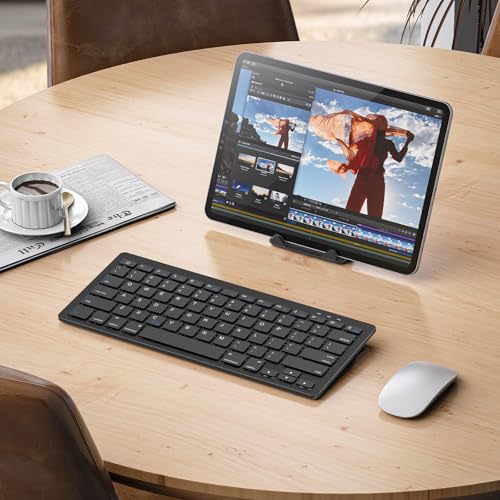 OMOTON Rechargeable Compact Bluetooth Keyboard for iPad, Adjustable Stand, Key Stickers, Slim Portable Wireless Keyboard for iPhone and iPad Pro/Air/Mini, Ideal for Study, Travel and Office, Black