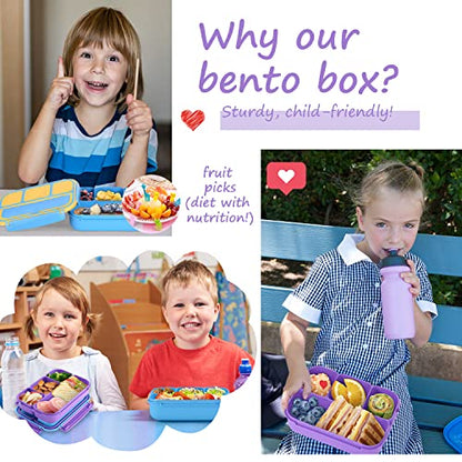 QQKO Bento Lunch Box for Kids Girls Boys, Toddler Kids Lunch Boxes for School, Lunch Containers for Adults with 4 Compartments, Sauce Container, Utensils, Food Picks and Muffin Cups, Purple - color: Purple
