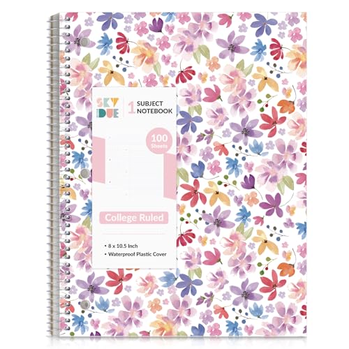 SKYDUE 8"x10.5" Spiral Notebook - College Ruled 100 Sheets, 1 Subject Notebook for School & Office, 3-Hole Punched Paper, Floral Design - color: Purple Floral