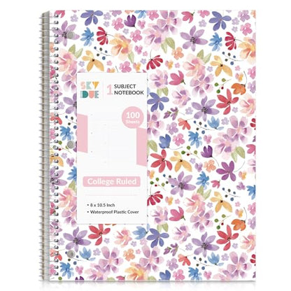 SKYDUE 8"x10.5" Spiral Notebook - College Ruled 100 Sheets, 1 Subject Notebook for School & Office, 3-Hole Punched Paper, Floral Design - color: Purple Floral