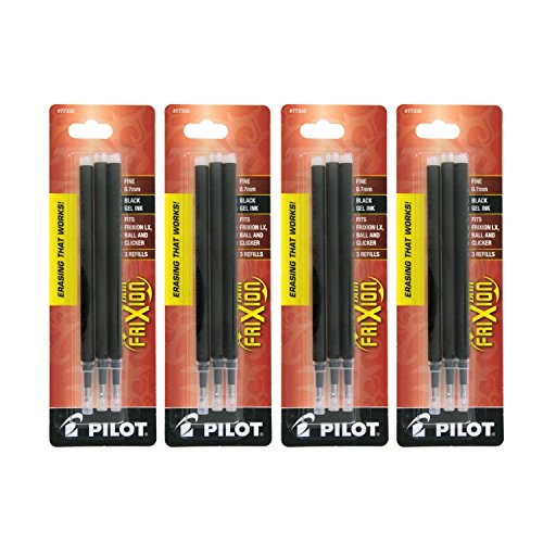 4PACK Pilot FriXion Gel Ink Erasable Pens Refill 3/pk Fine Black/Blue/Red(77335)