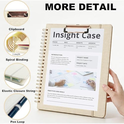Beige Foldable Spiral Clipboard Folio with Storage Zipper Pouch, 5 Plastic Folders with Pockets,Refillable Lined Notepad (8.5" x 11"), Hardcover Project Organizer with 39 Stickers - color: Beige