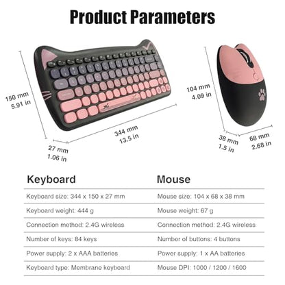 Cute Cat 2.4G USB Wireless Keyboard and Mouse Combo, Silent Keys, Candy Colors, Compatible with Notebook, PC (BlackPink-84Keys) - color: BlackPink-84Keys