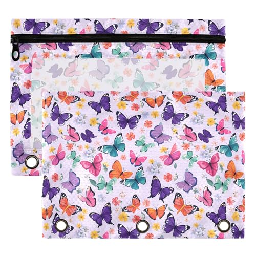 Butterfly Lavender Binder Pouches 3 Ring for Boys Girls School Office College Supplies Purple Rose Flower Pencil Pouches Case Bag with Clear Window and Zipper 2 Pack - color: Butterfly