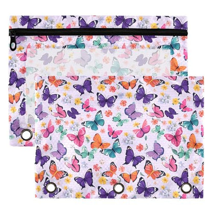 Butterfly Lavender Binder Pouches 3 Ring for Boys Girls School Office College Supplies Purple Rose Flower Pencil Pouches Case Bag with Clear Window and Zipper 2 Pack - color: Butterfly
