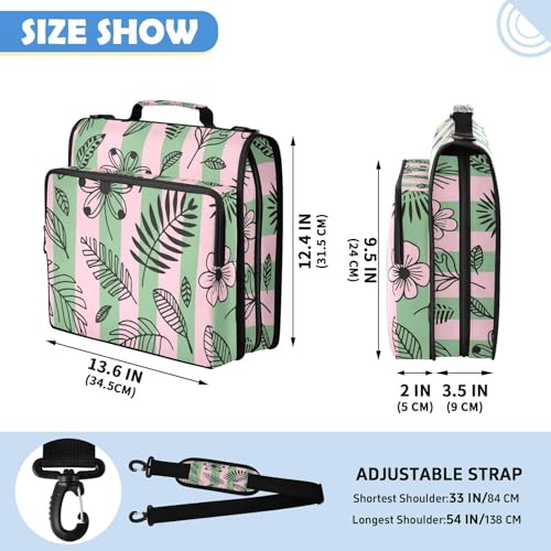 Hand-Drawn Leaves Zipper Binder with 2 Inch D-Rings Expandable File Portfolio with Shoulder Strap, Waterproof Nylon Organizer for 14" Laptop for Work College Travel