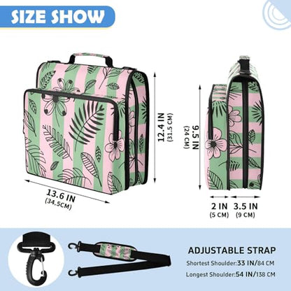 Hand-Drawn Leaves Zipper Binder with 2 Inch D-Rings Expandable File Portfolio with Shoulder Strap, Waterproof Nylon Organizer for 14" Laptop for Work College Travel