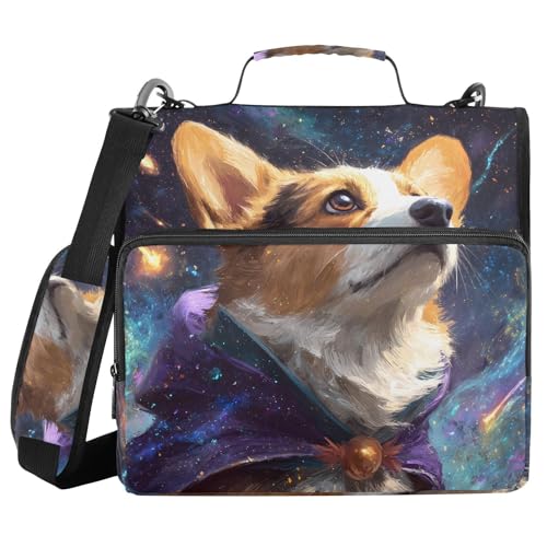 3 Ring Zipper Binder with Shoulder Strap Corgi Starry Sky Galaxy 2 Inch Zippered Binder Bag 500 Sheet Capacity Multi Pockets for School Supplies - color: Multi19