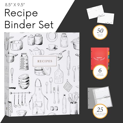 Jot & Mark 8.5" x 9.5" 3 Ring Recipe Binder 50 Matching 4x6 inch Recipe Cards, 25 Top & Bottom Binder Sleeve Sheet Protector, 5 Full-Page Undivided Sleeves, 6 Divider Tabs, Culinary Crockery | 50 Recipe Cards + 25 Sleeve Protectors + 5 Full-Page Sleeves +