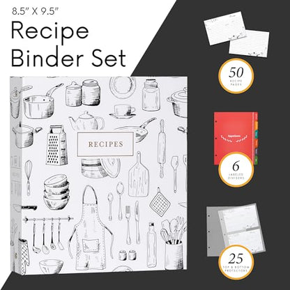 Jot & Mark 8.5" x 9.5" 3 Ring Recipe Binder 50 Matching 4x6 inch Recipe Cards, 25 Top & Bottom Binder Sleeve Sheet Protector, 5 Full-Page Undivided Sleeves, 6 Divider Tabs, Culinary Crockery | 50 Recipe Cards + 25 Sleeve Protectors + 5 Full-Page Sleeves +