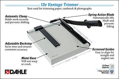 Dahle 12e Vantage Paper Trimmer, 12" Cut Length, 15 Sheet, Automatic Clamp, Adjustable Guide, Metal Base with 1/2" Gridlines, Guillotine Paper Cutter - style: Cut Length: 12"