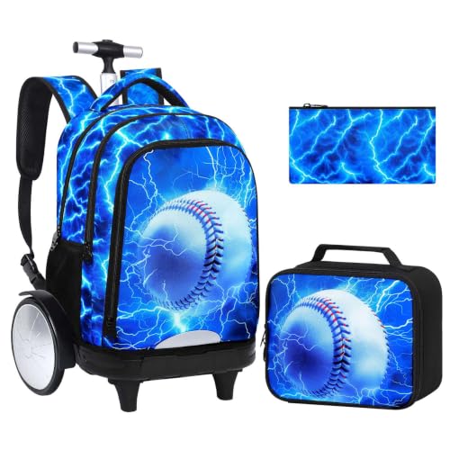 UFNDC Big Wheel Boys Rolling Backpack, Water-Resistant Wheeled School Bag with Lunch Box & Pencil Case, 3-Pack Kids Roller Bookbag Travel Set - Lightning Baseball - color: Rolling Backpack Lightning Baseball Blue