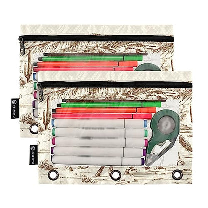 Fisyme Western Desert Cowboy Pencil Pouch for 3 Ring Binder Pencil Case Pencil Bag Zipper Pouch with Clear Window for Office Supplies, 2 Pack - color: Multi-14