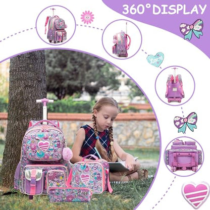 Meetbelify Kids Rolling Backpack with Wheels for Girls Rolling Backpacks with Lunch Box for Elementary School Students 3 in 1 Travel Luggage Suitcase for Girls Age 8-10 - color: Girl 01