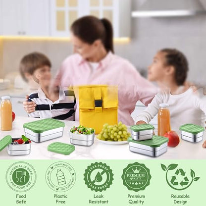 Homikit 3 Pack Kids Lunch Box Set, 18/10 Stainless Steel Bento Boxes with Silicone Lids Leak Proof, 5 Cups Reusable Metal Food Snack Containers for School Daycare, Nontoxic & Dishwasher Safe, Green - color: Green, size: Medium